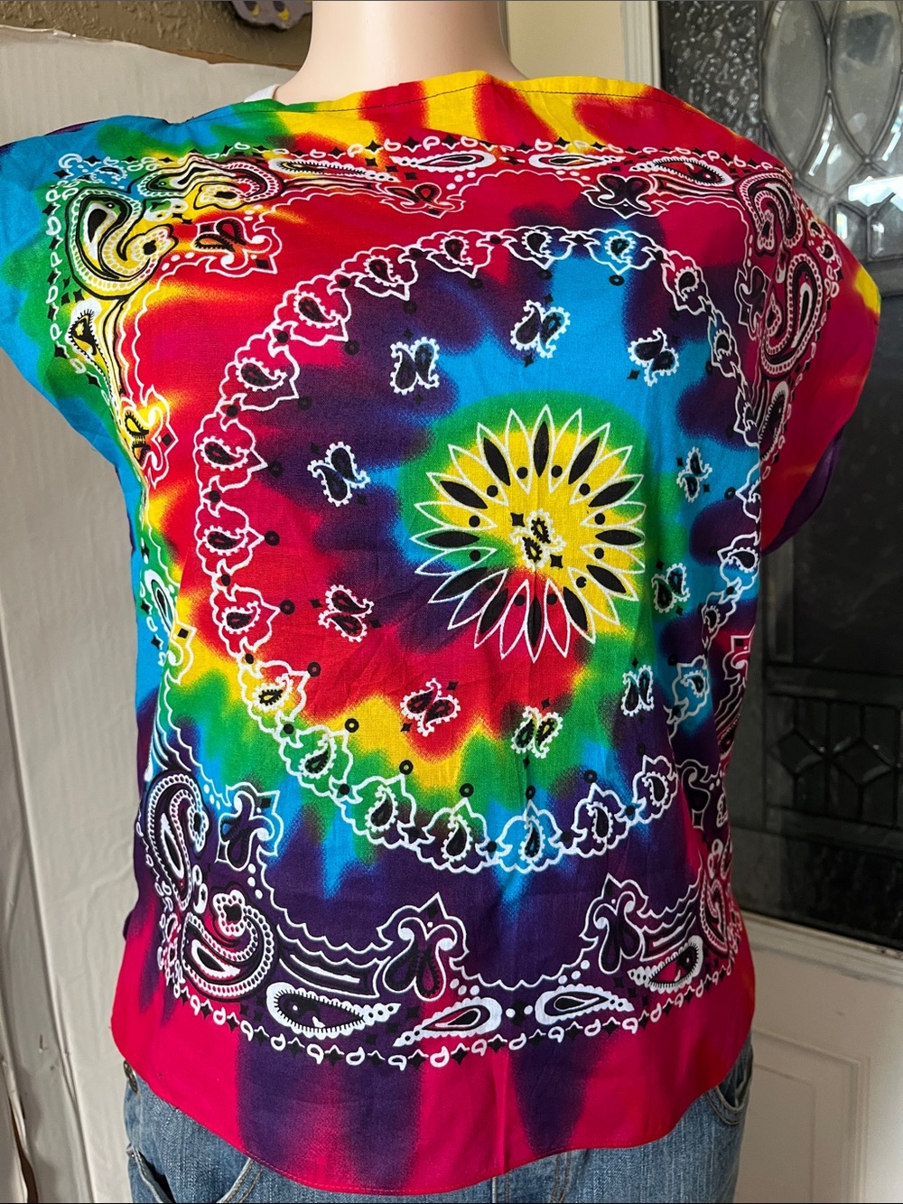 Tie-Dye Bandana Print Cap Sleeve Top - Multi with purple on the opposite side.
